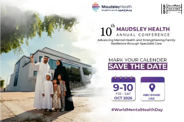 Save the date artwork for the 10th Maudsley Health Annual Conference, 9–10 October 2026 in Abu Dhabi